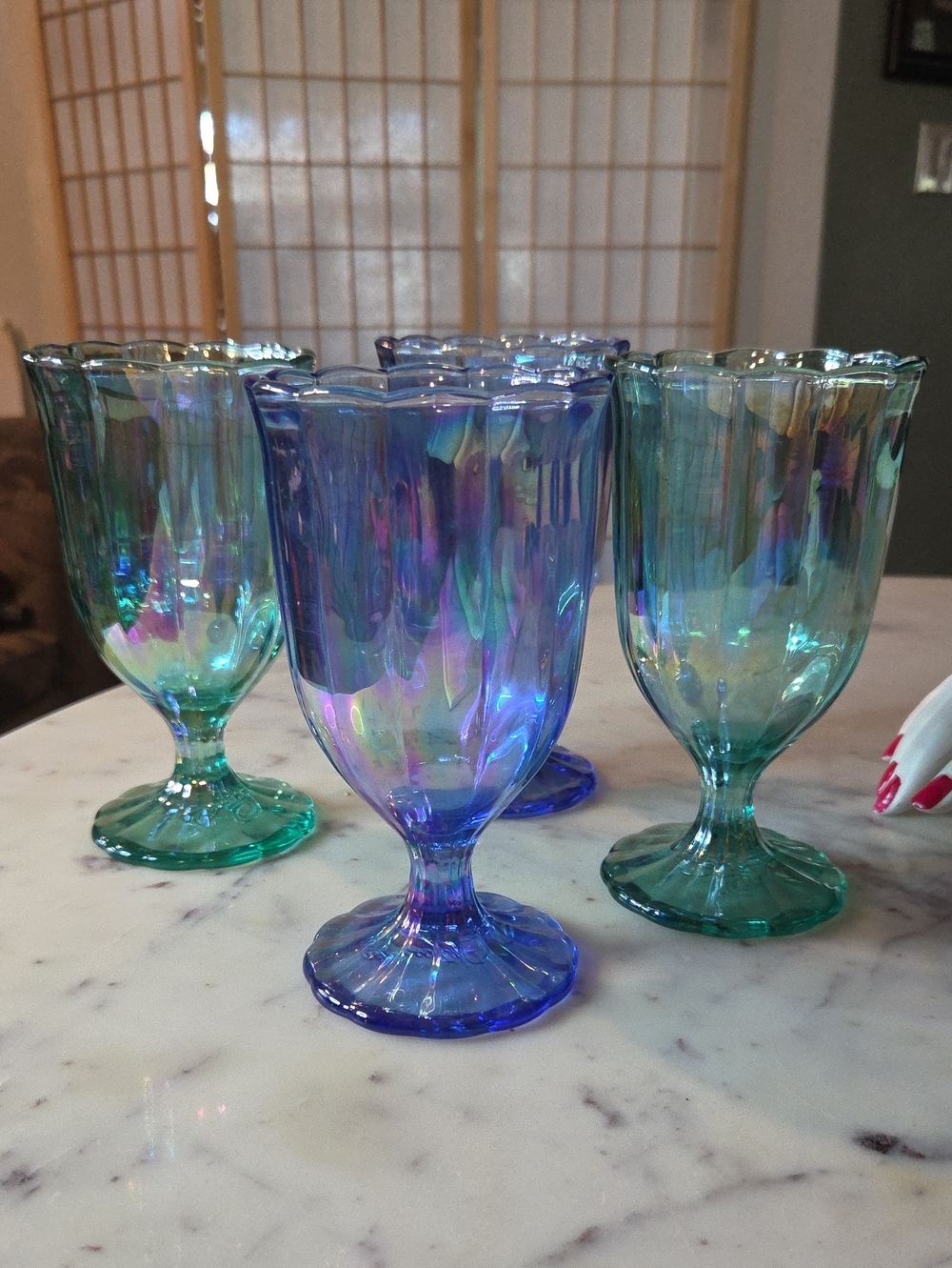 Pioneer Woman Blue/Green Luster Pearluzed Glaze Goblets Footed Glasses 12.5oz{4}